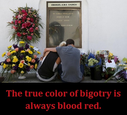 mourners outside AME Church with words