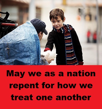 child feeding homeless person with words